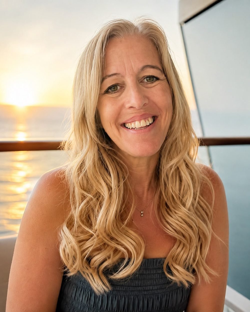 Faye, founder of Littleladytravel, smiling on a ship’s balcony at sunset